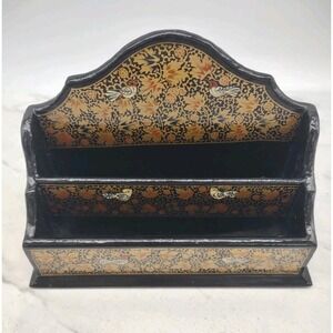 Vintage Black Lacquered Chinoiserei Letter Holder Floral Birds Desk Decor
